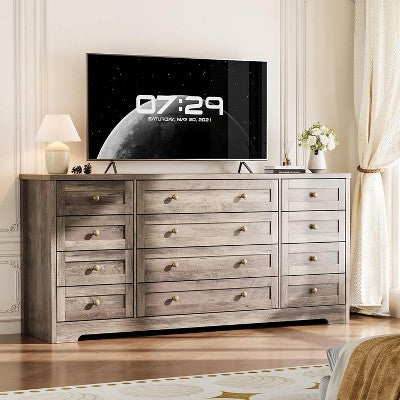 12 Drawers Wood Dressers for Bedroom, 63" Long Wooden Dresser for Living Room, Hallway, 16" Wide TV Stand Dresser for 65 Inch TV