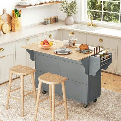 Resenkos Rolling Kitchen Island with Drop-Leaf & 2 Storage Cabinets, Dark Gray