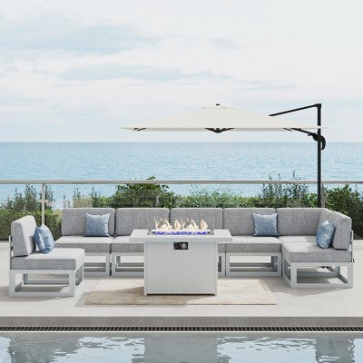 LayinSun 8-Piece Large Outdoor Modular L-Shaped Sectional Set with Propane Fire Pit Table
