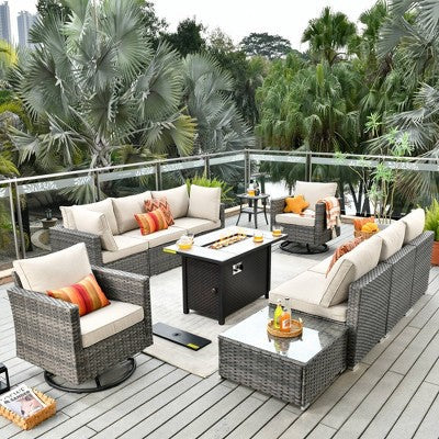 Ovios Venice 11pc Wicker Outdoor Patio Furniture Set Conversation Sofa with a Metal Fire Pit, Swivel Chairs and Cushions