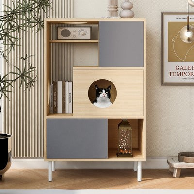 2 in 1 Bookshelf Cat Tree Display Case Cat Litter Box Enclosure Climbing Shelf Bookcase Storage Rack, Natural - ModernLuxe