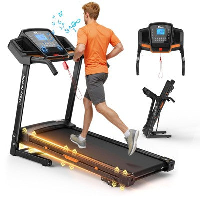 Kumasinova Foldable Electric Treadmill with Incline,Handrail Speed Control,Pulse Monitor,App Connectivity,Ideal for Home Workouts&Running,Black/Orange