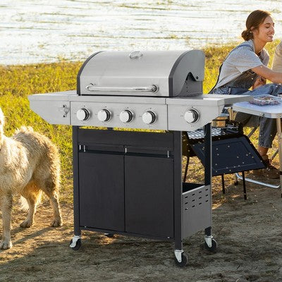 Racxily Propane Grill 4 Burner Barbecue Grill Stainless Steel Gas Grill with Side Burner, 46,500 BTU Outdoor Cooking, Garden Barbecue Grill, Black