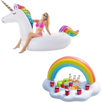 Jasonwell Giant Inflatable Unicorn Pool Float – 3X-Large Rideable Summer Float for Kids & Adults & Inflatable Rainbow Drink Holder for Pool Party