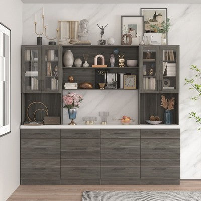 Famapy 94.5" W Pantry Storage Cabinet Glass Display Hutch Buffet Drawers Sideboard