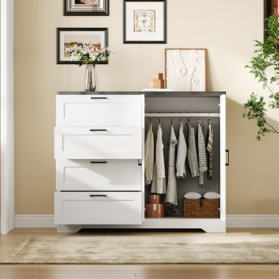 43.3'' H Armoire Wardrobe Closet with 4 Drawers and 2 Doors, Hanging Rod, Multifunctional Wooden Dresser, Bathroom Cabinet for Bedroom