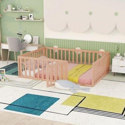 PAGED Full Size Floor Bed for Kids,Modern Wood Toddler Bed with Heightened Safety Guardrails and Door,Montessori Bed for Bedroom