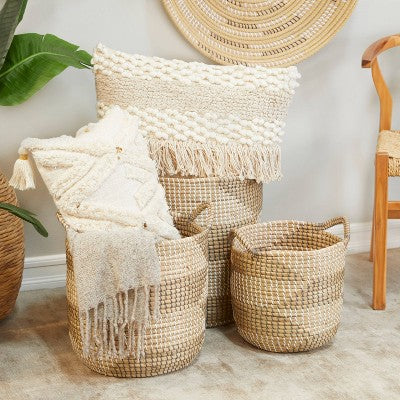 Set of 3 Seagrass Storage Baskets Natural - Olivia & May: Round Decorative Wicker Toy Basket, Bohemian Style