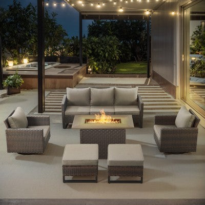 POCASSY 6PCS Patio Furniture Set with Fire Pit Table, All Weather Brown Wicker Patio Fire Pit Set with Swivel Patio Chairs and 41" Propane Fire Pit