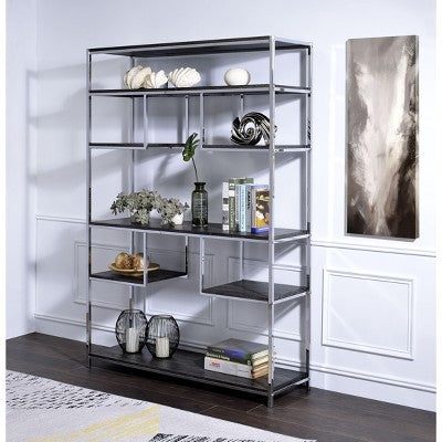 CAVINAS Rustic Gray Oak&Chrome Bookshelf,7-Tier Modern Book Shelves with Metal Frame,72" Bookcase for Living Room,Office and Bedroom Storage