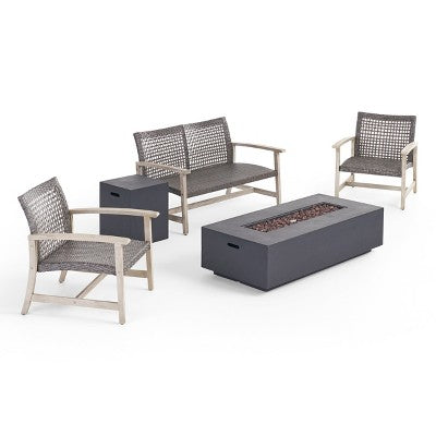 Christopher Knight Home Augusta Outdoor Acacia Wood and Wicker 4 Seater Chat Set with Fire Pit