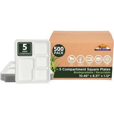 5 Compartment Square Biodegradable Divided Plates - Pack of 500 - Rani Brand Authentic Indian Products