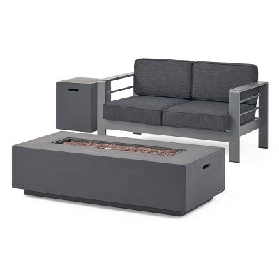 GDFStudio Crested Bay Outdoor Aluminum Loveseat and Fire Pit Set