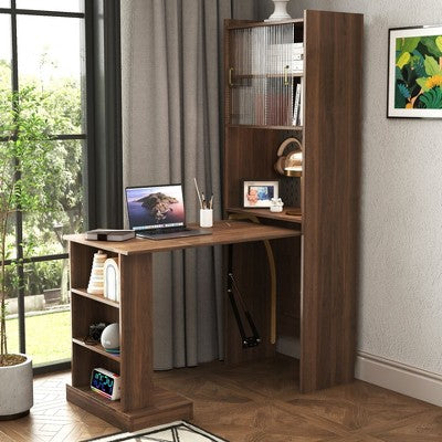 Okak Modern Folding Desk with 2 Glass Doors, Space-Saving Standing Desk with 6 Shelves, L Shaped Desk for Office, Apartement, Dormitory, Walnut