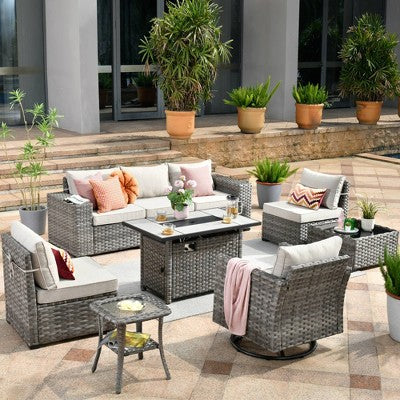Marlton 9pc Wicker Outdoor Patio Furniture Set Conversation Sofa with a Rectangle Fire Pit, Swivel Chair and Cushions
