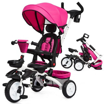 7-in-1 Foldable Baby Tricycle with Safety Harness & Adjustable Push Handle, Toddler Trike with Storage Basket and Cup Holder for 1-5 Year Old