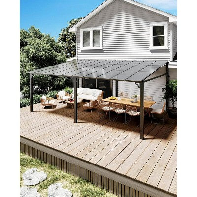 Gazebo, Patio 10x10 Ft Wall Mounted Lean to - Heavy Duty Hardtop Pergola, Sloped Roof for Porch, Deck, Backyard (Dark Brown)