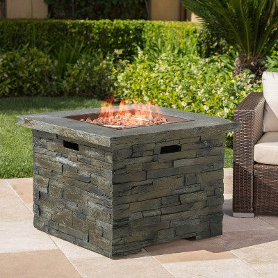 35 Inch Square Outdoor Fire Pit with Built In Propane Tank Storage and Stone Inspired Design
