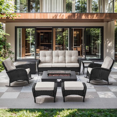 Belord All Weather Black Wicker Outdoor Furniture Set, High Back Outdoor Conversation Set with Patio Rocking Chairs and External Propane Tank Firepit