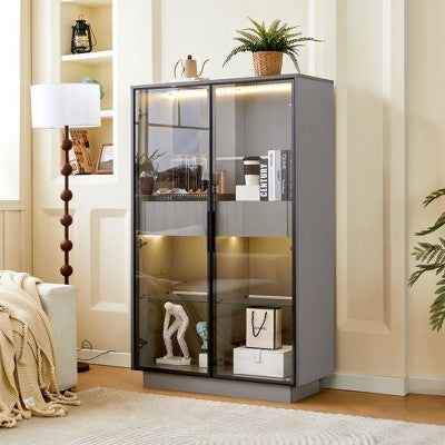 Okak Freestanding Sideboard Pantry Cabinet with Glass Door & LED, 4-Tier Display Curio Cabinet with 2 Drawers for Living Room Kitchen