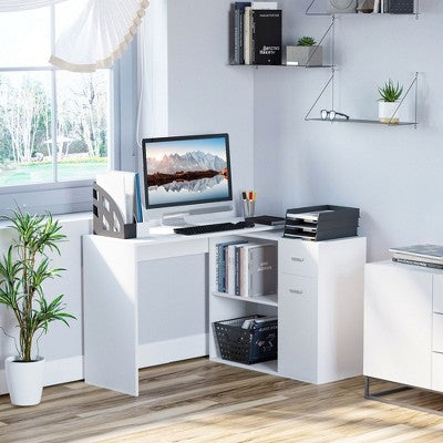 PAGED L-Shaped Desk 180°Rotating Corner Desk with Storage Shelves, Drawer and Cabinet, Writing Desk for Living Room, Home Office