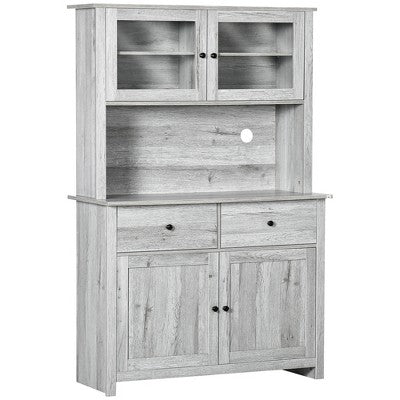 63.5"H Rustic Kitchen Pantry Storage Cabinet, Buffet with Hutch, 4 Shelves, Drawers, Framed Glass Doors and Microwave Countertop