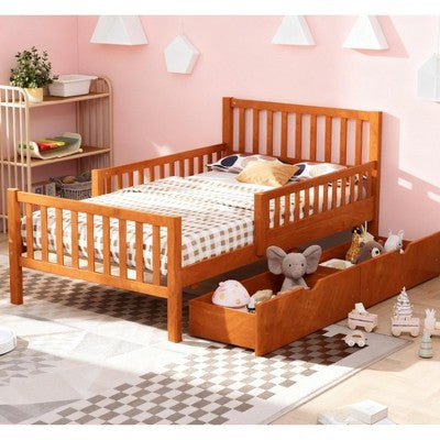 TiramisuBest Twin Kids Bed Frame, Toddler Bed with Guardrails and 2 Storage Drawers Solid Wood Platform for Minimalist Bedroom, Brown