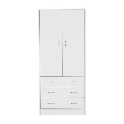 SEVOBAL Armoires with Double Doors 3 Drawers and Hanging Rod for Bedroom and Closet Storage Solutions, White, 31"*19"*70.9"