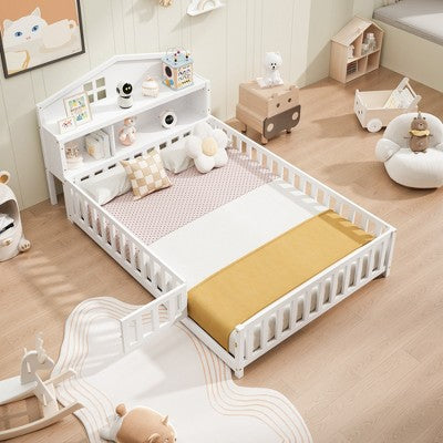 Gulches Full-size Montessori Floor Bed with Bookcases and Blackboards, Versatile Platform Beds with Guard rails, Floor Beds for Kids,White