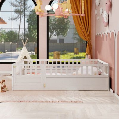 CAVINAS Twin Size French Floor Bed Frame with Safety Fences & Door, Montessori Wooden Toddler Bed, Multi-Functional Kids Platform Bed Frame