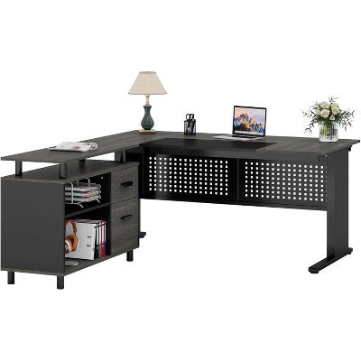 Lantine 62.99 Inch Executive Desk with File Cabinet, Large Office Desk L Shaped Computer Desk with Storage Shelves