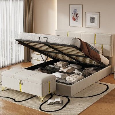 2 Pieces Bedroom Sets, Queen Size Upholstered Platform Bed with Hydraulic Storage System, Storage Ottoman with Metal Legs, Beige/Black-ModernLuxe