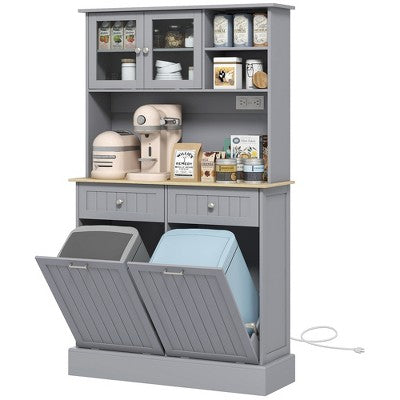 Chery Life 68" Kitchen Pantry Storage Cabinet with, 2 Tilt Out Trash Cabinets and Microwave Stand, Gray