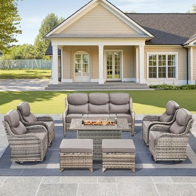 Gymojoy 8 Pieces Outdoor 6 Inch Sofa Swivel Chair Ottoman with Fire Pit Table