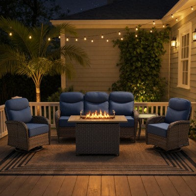 Belord 5-Piece Outdoor Patio Furniture Set with Fire Pit, Brown Wicker High Back Patio Couch and Swivel Glider Patio Chair with 6-inch Thick Cushion