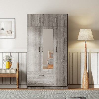 Whisen Wood 3-Door Wooden Wardrobe Armoire with Mirror, 2-Drawers, Shelves, Hanging Rod and Top Cabinet