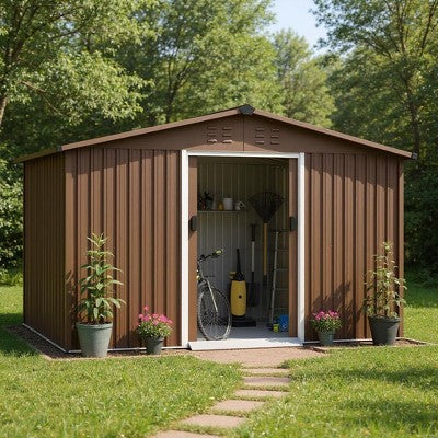 Acekool 8x10 FT Metal Outdoor Storage Shed, Lockable Sliding Doors, Vents, Sloped Roof, Brown Garden Tool Shed