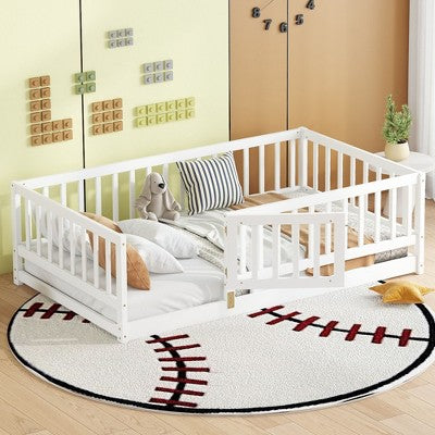 TUYOHW Twin Size Toddler Floor Bed with Slats for Kids,Modern Metal Montessori Bed with Fence and Door for Bedroom