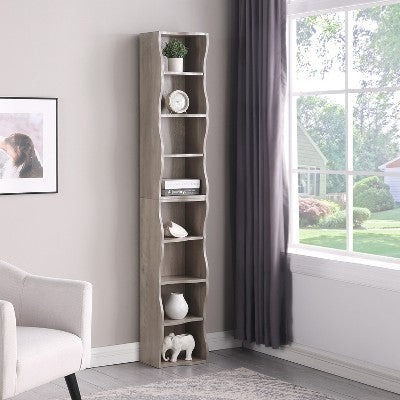 KTMBDW Tall Narrow Bookshelf 8 Tiers, Compact Corner Bookcase with a Wavy Border Design, Easy to Match for Living Room, Office, Study, Bedroom