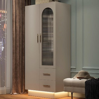 70" Tall Storage Cabinet with 2 Doors & 2 Drawers, Modern Floor Storage Cabinet with Fluted Glass Door, Hanging Rods & Adjustable Shelf, White
