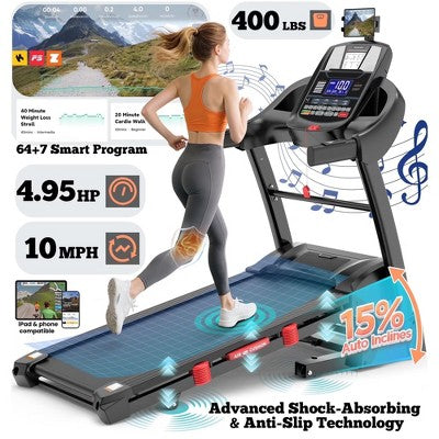 4.95HP Foldable Home Treadmill with Auto Incline, 10MPH, Smart App Control, 400 lb Capacity, Compact Walking Running Machine