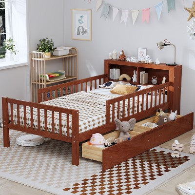 TiramisuBest Full Kids Bed Frame, Toddler Bed with Guardrails and Storage Drawers Solid Wood Platform for Minimalist Bedroom, Brown
