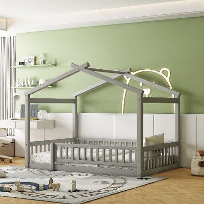 CAVINAS Modern Twin Size Platform Bed Frame with Roof & Fence, Pine Wood Kids Bed Frame, Toddler Bed, House Floor Bed —Semi-Enclosed Play/Sleep Space