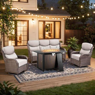 Gymojoy 4 Pieces/5 Pieces Outdoor Fire Pit Table w/ Patio 6in Sofa Swivel Glider Chairs Table Set
