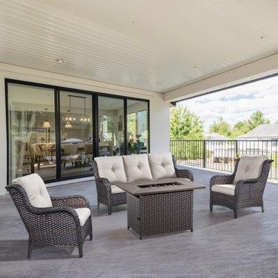 POCASSY 4-Piece Outdoor Furniture Set with 50000BTU Propane Fire Pit, All Weather Wicker Patio Fire Pit Table Set with 3-Seater Sofa and Club Chair