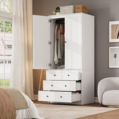 Rattan/Wooden Armoire Wardrobe Closet with 2 Drawers, 70 "Tall Clothing Storage Cabinet with 2 Doors, Bedroom Clothing Armoires with Hanging Rods