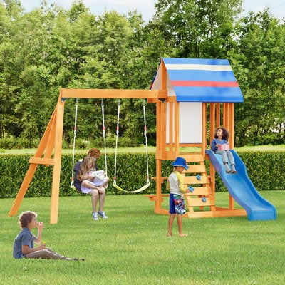 MOONMISS Wooden Outdoor Swing Set 3 in 1 Swing Set outdoor Children's Playset with Slide ,Baby Activity for Garden, Backyard and Playground,Blue