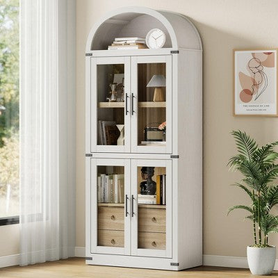GustoWave 71.4" Tall Arched Bookcase with 4 Doors and 2 Drawers, 15.8" Depth Display Cabinet Storage Shelves ,Wooden Bookshelf