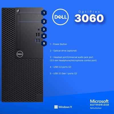 Refurbished Dell Optiplex 3060 Tower Computer-Intel i5-NVIDIAGeForceGT 1030-32GB RAM-250GB NVMe+1TB SSD-24"LCD-Win 11 Pro-Manufacturer Refurbished