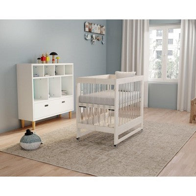 MelO Caress Foldable Crib, Modern Acrylic Frame with 4 Height Levels, Smooth Wheels & Easy Folding Design – Washed White